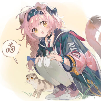 1girl :d animal_ears arknights black_hairband black_skirt braid brown_cat cat cat_ears cat_girl cat_tail chinese_commentary chinese_text commentary_request ears_down full_body goldenglow_(arknights) grass hairband hands_on_own_knees highres jacket lightning_bolt_print long_braid long_hair looking_at_viewer miniskirt open_mouth pantyhose pink_hair pink_jacket pink_shoes print_hairband shoes single_braid skirt smile sneakers solo speech_bubble squatting tail translated white_pantyhose yellow_background yellow_eyes youzhiyuan