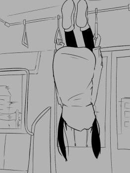 1girl drawstring full_body greyscale hand_grip holding_hand_grip hood hoodie inabakumori lagtrain_(vocaloid) long_hair long_sleeves monochrome nakineiriko_(dafdafson) osage_(nukunuku_nigirimeshi) solo train_interior twintails upside-down