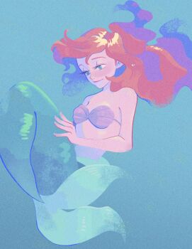 Rule 34 | 1girl, aqua background, aqua tail, ariel (disney), bare arms, bare shoulders, bikini, blue eyes, breasts, closed mouth, commentary request, fins, fish tail, hand on own tail, highres, long hair, medium breasts, mermaid, midriff, monster girl, naco oekaki, red hair, shell, shell bikini, solo, swimsuit, tail, the little mermaid (disney), underwater