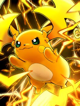 closed_mouth commentary_request electricity fang fang_out gen_1_pokemon green_eyes highres mega_evolution mega_raichu_y mixed-language_commentary nintendo no_humans pokemon pokemon_(creature) pokemon_focus raichu smile solo wldud9_9