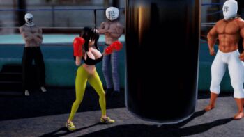 1girl 3d animated animated_gif bouncing_breasts boxing boxing_gloves boxing_ring breasts cleavage iwara_(posuimianju) jumping large_breasts looping_animation midriff posuimianju punching_bag sandbag