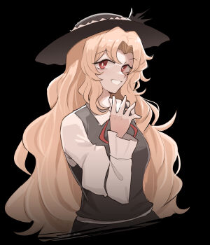 1girl black_background blonde_hair brown_hat brown_skirt brown_vest collared_shirt commentary fedora frilled_hat frilled_sleeves frills hat hat_feather highres jacket_girl_(dipp) juliet_sleeves long_hair long_sleeves looking_at_viewer mata_(matasoup) neck_ribbon parted_bangs puffy_sleeves red_eyes red_ribbon ribbon shirt skirt skirt_set solo touhou very_long_hair vest wavy_hair white_sleeves