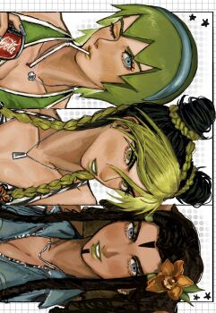3girls absurdres alternate_costume alternate_hairstyle aoiro0401 asymmetrical_bangs black_hair blue_eyes blue_hairband blue_shirt blush braid breasts bun_with_braided_base can cleavage coca-cola collarbone commentary_request cone_hair_bun dark-skinned_female dark_skin double_bun dreadlocks drink drinking drinking_straw drinking_straw_in_mouth earrings ermes_costello facial_mark flower foo_fighters_(jojo) forehead_mark green_eyes green_hair green_lips green_nails grey_eyes grid_background hair_bun hair_flower hair_ornament hairband highres holding holding_can jewelry jojo_no_kimyou_na_bouken kuujou_jolyne long_hair looking_at_viewer makeup multicolored_hair multiple_girls necklace one_eye_closed parted_lips shirt short_hair sideways star_(symbol) stone_ocean teeth twin_braids two-tone_hair