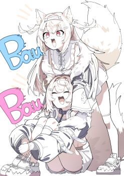 2girls animal_ears bandaid bandaid_hair_ornament breasts closed_eyes cropped_jacket dog_ears dog_girl dog_tail english_text fake_horns fang frilled_shorts frills fur-trimmed_jacket fur_trim fuwawa_abyssgard fuwawa_abyssgard_(1st_costume) hair_ornament hairband hands_on_another&#039;s_shoulders hanten_(hantennano) headphones headphones_around_neck highres hololive hololive_english horn_hairband horns jacket kneehighs knees_up leaning_on_person long_hair long_sleeves medium_breasts mococo_abyssgard mococo_abyssgard_(1st_costume) multiple_girls on_floor open_mouth partially_colored pink_eyes short_hair shorts siblings sisters skin_fang skirt smile socks tail twins virtual_youtuber