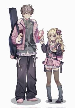 0_o_s_k 1boy 1girl black_jacket black_pants blonde_hair boots bow brown_hair brown_thighhighs chain chain_necklace closed_mouth commentary commission cup disposable_cup drinking_straw frilled_skirt frills full_body green_shirt grey_boots guitar_case hair_bow height_difference highres holding holding_cup instrument_case jacket jewelry long_hair long_sleeves necklace open_clothes open_jacket original pants pink_bow pink_jacket pink_shoes pink_skirt shirt shoes short_hair simple_background skirt smile standing thighhighs white_background zettai_ryouiki