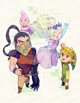Rule 34 | 2boys, 2girls, adversarial noise, anjean, arm up, artist name, bandana, bandana over mouth, black eyes, black hair, blonde hair, boots, brown boots, brown pants, byrne (zelda), clenched hands, closed eyes, dress, elbow gloves, floating, gloves, green hat, green tunic, hand on own hip, hat, highres, layered sleeves, link, long hair, long sleeves, looking at another, multiple boys, multiple girls, nintendo, open mouth, orange eyes, pants, princess zelda, short over long sleeves, short sleeves, small sweatdrop, smile, standing, the legend of zelda, the legend of zelda: spirit tracks, tiara, tokuura, toon link, toon zelda, tunic, twitter username, watermark, watermark grid, white gloves, white pants, yellow bandana