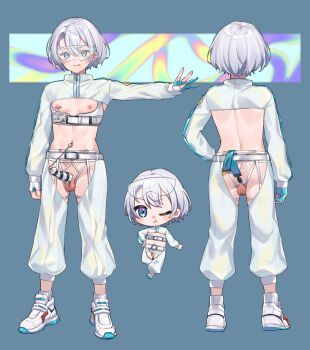 1boy :q anal anal_object_insertion ass back butt_plug chaps chibi commission earrings facing_away facing_viewer full_body gloves grey_hair highres id_card jacket jewelry kan'yu_(citron_82) male_focus mole mole_on_ass mole_on_thigh mole_under_mouth nail_polish navel_piercing nipple_piercing nipples o-ring object_insertion one_eye_closed original partially_fingerless_gloves penis penis_piercing penis_sheath piercing reference_sheet revealing_clothes safety_glasses safety_pin safety_pin_piercing sex_toy shoes skeb_commission sneakers solo standing testicles toned toned_male tongue tongue_out trap white_jacket white_shoes yellow_nails