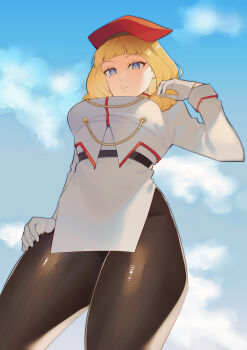 1girl bad_link belt beret black_belt blank_eyes blank_stare blonde_hair blue_eyes blue_sky brushing_hair curly_hair expressionless female_focus fighter&#039;s_impact gloves hand_on_own_hip hat highres hime_cut looking_at_viewer looking_down military_hat military_uniform miniskirt pantyhose polish_army polish_clothes self-upload silene_rambert skirt sky solo thighs