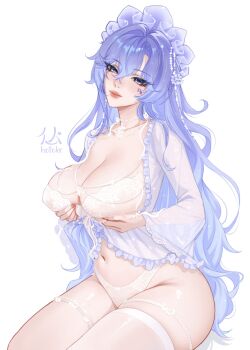 Rule 34 | 1girl, alternate costume, blue eyes, blue flower, breast lift, breasts, cantarella (wuthering waves), earrings, facial mark, flower, grabbing own breast, hair between eyes, hair flower, hair ornament, headdress, highres, hotokeshiz, jewelry, large breasts, long hair, looking at viewer, mark under eye, navel, purple hair, simple background, smile, solo, stomach, thighhighs, thighs, white background, wuthering waves