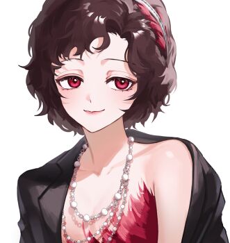 Rule 34 | 1girl, black coat, black hair, closed mouth, coat, collarbone, dress, feather dress, feather hair ornament, feathers, hair ornament, hairband, hashtag-only commentary, highres, jeck zero, jewelry, looking at viewer, necklace, red dress, red eyes, red feathers, reverse:1999, schneider (reverse:1999), short hair, single bare shoulder, single off shoulder, smile, solo, strapless, strapless dress, upper body, white background, white hairband