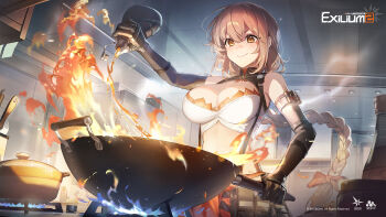 1girl artist_request black_gloves bow braid braided_ponytail breasts brown_eyes brown_hair closed_mouth commentary cooking cooking_oil cooking_pot elbow_gloves english_commentary fire girls'_frontline girls'_frontline_2:_exilium gloves hair_bow highres kitchen_knife knife large_breasts long_hair official_art qiuhua_(girls'_frontline_2) red_bow refrigerator shelf shirt smile solo standing type_97_shotgun_(girls'_frontline) very_long_hair watermark white_shirt wok