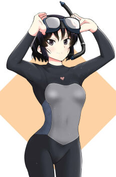 Rule 34 | 1girl, adjusting eyewear, black eyes, black hair, bodysuit, breasts, closed mouth, commentary request, covered navel, cowboy shot, diving suit, goggles, goggles on head, heart, highres, kujou meika, looking at viewer, meika-san wa oshikorosenai, orange background, saitou shouki, short hair, small breasts, smile, snorkel, solo, standing, two-tone background, wet, wetsuit, white background