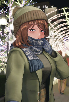 Rule 34 | 1girl, 2others, absurdres, adjusting scarf, beanie, belt, black eyes, blue gloves, blue scarf, breasts, breath, bright pupils, brown hair, brown skirt, christmas lights, coat, commentary request, gloves, green belt, green coat, green hat, green sweater, hat, highres, lamppost, large breasts, long sleeves, medium hair, mejikara scene, multiple others, night, open clothes, open coat, open mouth, original, outdoors, plaid clothes, plaid skirt, pom pom (clothes), pom pom beanie, print gloves, print scarf, ribbed sweater, scarf, skirt, smile, snowflake print, solo focus, sweater, tree, upper body, white pupils, winter