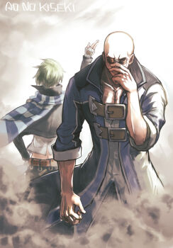 Rule 34 | 2boys, abbas (eiyuu densetsu), ao no kiseki, bald, belt, cropped jacket, eiyuu densetsu, english text, floating scarf, green hair, irise ryouji, long sleeves, male focus, multiple boys, salute, scarf, short hair, sleeves rolled up, striped clothes, striped scarf, sunglasses, two-finger salute, upper body, wazy hemisphere