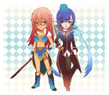 Rule 34 | 2girls, bad id, bad pixiv id, blue eyes, blue footwear, blue hair, boots, cosplay, costume switch, deformed, genderswap, genderswap (mtf), glasses, highres, in-franchise crossover, judith (cosplay), judith (tales), midriff, multiple girls, navel, pointy ears, red eyes, red hair, richter abend, richter abend (cosplay), sweat, sword, tales of (series), tales of symphonia, tales of symphonia: dawn of the new world, tales of vesperia, weapon, zokenwatarushi