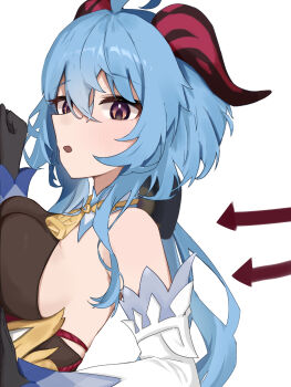 1girl ahoge arrow_(symbol) bare_shoulders bell black_bow black_gloves blue_hair blush bodystocking bow breast_press breasts brown_bodystocking chinese_clothes clenched_hands commentary_request detached_collar detached_sleeves dress from_side ganyu_(genshin_impact) genshin_impact gloves goat_horns hair_between_eyes hair_bow hands_up highres horns long_hair long_sleeves looking_at_viewer low_ponytail mandarin_collar medium_breasts multicolored_eyes neck_bell open_mouth orange_eyes ponytail purple_eyes rope sideboob sidelocks simple_background sleeveless sleeveless_dress solo strapless strapless_dress upper_body user_wapz7472 wavy_hair white_background white_dress white_sleeves