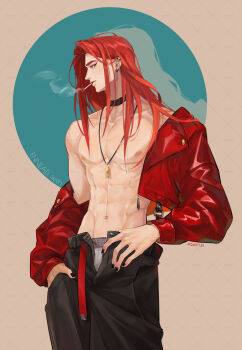 1boy abs absurdres androgynous belt black_choker black_nails black_pants boxer_briefs character_name choker cigarette commentary_request copyright_name cowboy_shot ear_piercing earrings ennead hand_in_pocket highres hoop_earrings jacket jewelry large_pectorals long_hair long_sleeves male_focus male_underwear muscular muscular_male necklace nipples open_clothes open_fly open_jacket pants pectorals pendant piercing profile red_belt red_eyes red_hair red_jacket sanri33 seth_(ennead) single_bare_shoulder single_off_shoulder smoke smoking solo standing twitter_username underwear watermark watermark_grid