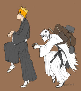 2boys angry backpack bad_deviantart_id bad_id bag bleach coconut colored_skin crown dual_persona hollow_ichigo king kurosaki_ichigo male_focus monty_python multiple_boys orange_hair parody randoseru white_hair white_skin