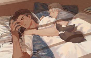 2boys black_hair blanket boston_terrier brown_eyes cellphone charger closed_eyes dark-skinned_male dark_skin dog facial_mark hair_down hug iggy_(jojo) jean_pierre_polnareff jewelry jojo_no_kimyou_na_bouken male_focus mohammed_avdol multiple_boys one_eye_closed parted_lips phone ring silver_hair sleeping slice_of_life stardust_crusaders tantan_(jieve629) waking_up yaoi