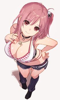 1girl bikini breasts cleavage dead_or_alive dead_or_alive_xtreme dead_or_alive_xtreme_venus_vacation fubuki_(fakemonkey0224) hair_ornament hand_on_own_chest hand_on_own_hip heart_collar highres honoka_(doa) jewelry large_breasts looking_at_viewer necklace pink_eyes pink_hair side_ponytail solo striped_bikini striped_clothes swimsuit venus_vacation_prism:_dead_or_alive_xtreme