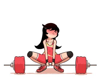 >_< 1girl 2020_summer_olympics alternate_costume ashley_(warioware) barbell black_hair blush bodysuit closed_eyes collarbone drawfag exercising female_focus full_body hair_down knee_pads liveactors long_hair nintendo olympics singlet solo squatting sweat warioware weightlifting wristband