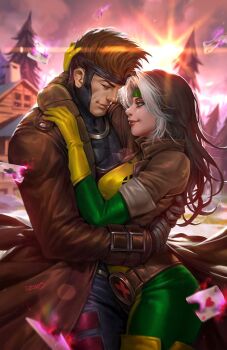 1boy 1girl belt black_gloves black_sclera blurry blurry_background bodysuit brown_coat brown_hair cabin card coat colored_sclera dcwj depth_of_field gambit gloves green_bodysuit green_eyes green_headband headband highres hug leather_coat lens_flare long_coat long_hair marvel multicolored_bodysuit multicolored_hair open_clothes open_coat outdoors pine_tree playing_card red_eyes rogue_(x-men) short_hair sunset superhero_costume tree two-tone_bodysuit two-tone_hair white_hair x-men yellow_bodysuit yellow_gloves