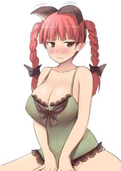 Rule 34 | >:/, 1girl, :/, alternate costume, animal ears, bare arms, bare shoulders, black bow, blunt bangs, blush, bottomless, bow, braid, breasts, camisole, cat ears, cleavage, closed mouth, collarbone, covered erect nipples, covered navel, cowboy shot, diisuke, dress, extra ears, female focus, floppy ears, hair bow, jitome, kaenbyou rin, lace, lace-trimmed dress, lace trim, large breasts, long hair, looking at viewer, nipples, nose blush, pointy ears, see-through clothes, solo, sweat, touhou, twin braids, underwear, underwear only, v-shaped eyebrows, v arms, wavy mouth, white background