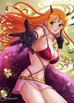 1girl bikini blurry blurry_background blush bracelet breasts brown_eyes cape cherry_blossoms cleavage closed_mouth commentary_request cowboy_shot floating_hair fur_cape gloves highres horns index_finger_raised jewelry large_breasts long_hair looking_at_viewer miniskirt nami_(one_piece) o-ring o-ring_bikini official_alternate_costume one_piece orange_hair oregano551 outstretched_hand pink_cape pink_skirt purple_gloves red_bikini shoulder_pads skirt solo string_bikini swimsuit twitter_username wavy_hair