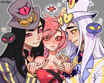 1girl 2boys blush breasts cherri_bomb cleavage colored_sclera commentary_request dual_persona goggles goggles_on_headwear grey_background grey_eyes grey_hat grey_jacket hat hazbin_hotel hellaverse holding_hands jacket korean_commentary large_breasts long_hair multiple_boys outline pink_eyes pink_hair pink_sclera qp_mellang red_sclera red_shirt shirt simple_background sir_pentious sir_pentious_(angel) sir_pentious_(human) top_hat white_hair white_jacket white_outline