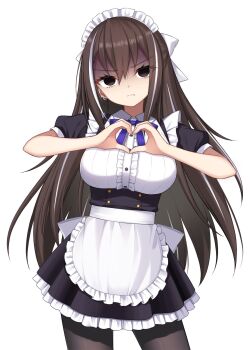 1girl apron black_eyes black_hair breasts commentary_request fate/grand_order fate_(series) frown heart heart_hands highres hoshino_reiji kawakami_gensai_(fate) kawakami_gensai_(second_ascension)_(fate) large_breasts maid_apron maid_headdress multicolored_hair solo white_hair