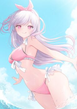 1girl :q bikini blue_sky bow bow_hairband breasts character_request cleavage closed_mouth cloud commentary_request commission cowboy_shot cumulonimbus_cloud day dot_nose dutch_angle floating_hair frilled_bikini frills front-tie_bikini_top front-tie_top glint hairband highres indie_virtual_youtuber kurage_cc legs_together light_blush light_rays long_hair looking_at_viewer medium_breasts navel ocean open_hand outdoors outstretched_arms pink_bikini pink_bow pink_eyes pink_hair pink_hairband purple_hair side-tie_bikini_bottom skeb_commission sky smile solo standing stomach sunbeam sunlight swept_bangs swimsuit tongue tongue_out very_long_hair virtual_youtuber wading water water_drop wet