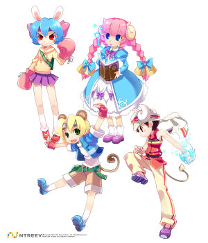 10s 4girls animal_ears arm_up armcho belt blonde_hair blue_hair book boxing_gloves braid buffalo_(trickster) bunny_(trickster) dress fingerless_gloves gloves goggles goggles_on_head headband horns lion_(trickster) lion_ears long_hair multiple_girls open_book pink_hair rabbit_ears sheep_(trickster) sheep_ears shorts simple_background skirt socks tail trickster_(ntreev_soft) twin_braids