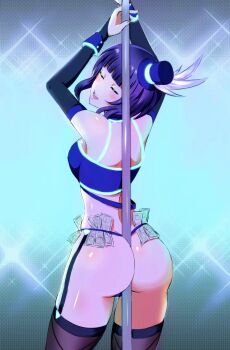 1girl absurdres asaka_karin ass banknote between_buttocks blue_hair blush box_wonderland breasts closed_eyes highres holding holding_pole large_breasts love_live! love_live!_nijigasaki_high_school_idol_club medium_hair money open_mouth pole pole_dancing smile solo standing stripper_pole swept_bangs thighhighs thong underwear