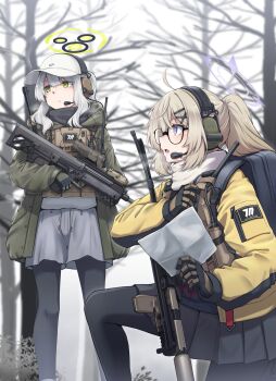 2girls backpack bag bare_tree black-framed_eyewear black_pantyhose blue_archive closed_mouth commentary_request glasses gloves green_eyes grey_hair grey_shorts gun hair_between_eyes hair_ornament hairclip halo hare_(blue_archive) hare_(camp)_(blue_archive) hat headphones headset highres holding holding_gun holding_weapon hood hood_down hooded_jacket jacket kotama_(blue_archive) kotama_(camp)_(blue_archive) long_hair long_sleeves multiple_girls on_one_knee outdoors pantyhose parted_lips pleated_skirt ponytail purple_eyes scarf sekino_takehiro shorts skirt standing tree weapon white_hat white_scarf yellow_jacket