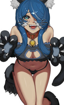 1girl :3 :d absurdres alternate_costume animal_collar animal_ear_fluff animal_ears animal_hands animal_print armpit_crease asymmetrical_bangs asymmetrical_sidelocks bare_shoulders bell belt_buckle belt_collar black_bra black_fur black_panties blue_eyes blue_hair blue_trim bra breasts buckle cat_bra cat_cutout cat_day cat_ear_panties cat_ears cat_girl cat_lingerie cat_print claw_pose claws cleavage cleavage_cutout clothing_cutout collar colored_tips commentary cross-shaped_pupils curled_fingers drawn_whiskers elira_pendora eyebrows_hidden_by_hair fake_claws fangs frilled_bra frills from_above full_body gloves gold_buckle grin groin hair_over_one_eye hair_over_shoulder half-closed_eyes hands_up happy highres invisible_floor karassawa kneeling knees_together_feet_apart long_eyelashes long_hair long_legs long_sidelocks looking_up medium_breasts multicolored_hair narrowed_eyes navel neck_bell nijisanji nijisanji_en open_hands open_mouth panties parted_bangs paw_gloves paw_pose paw_shoes pawpads print_panties raised_eyebrows raised_inner_eyebrows red_collar sidelocks simple_background smile solo sparkling_eyes straight-on strapless strapless_bra streaked_hair symbol-shaped_pupils teeth thick_eyelashes thighs toe_claws two-tone_hair underwear virtual_youtuber white_background white_hair white_tree