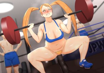 anal anal_fluid anal_object_insertion barbell blush bottomless capcom censored clenched_teeth dildo exercising gym mosaic_censoring object_insertion onlookers pubic_hair public_indecency rainbow_mika sex_toy shiory sports_bra squatting street_fighter teeth weightlifting wrestling_ring