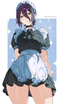 Rule 34 | 1girl, absurdres, alternate costume, apron, black choker, black dress, black hair, chainsaw man, choker, dress, enmaided, green eyes, hair between eyes, harutoyumaarts, highres, maid, maid apron, maid headdress, reze (chainsaw man), solo, waist apron, white apron