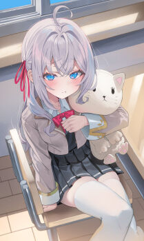 1girl :t absurdres ahoge alisa_mikhailovna_kujou black_skirt black_vest blazer blue_eyes blush bow bowtie chair classroom closed_mouth from_above grey_hair grey_jacket hair_ribbon highres hugging_doll hugging_object indoors jacket kerno lapels looking_at_viewer miniskirt notched_lapels on_chair pleated_skirt pout red_bow red_bowtie red_ribbon ribbon school_uniform seiren_academy_school_uniform sitting skirt solo stuffed_animal stuffed_cat stuffed_toy thighhighs tokidoki_bosotto_roshia-go_de_dereru_tonari_no_alya-san vest white_thighhighs zettai_ryouiki