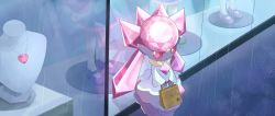 1girl animal_ears bag black_skin colored_sclera colored_skin diancie display female_focus flat_chest gem gen_6_pokemon heart heart_necklace highres holding holding_bag jewelry legendary_pokemon long_hair looking_back mannequin mythical_pokemon necklace nintendo open_mouth outdoors paper_bag pink_eyes pink_gemstone pink_hair pokemon pokemon_(creature) rain red_gemstone red_sclera reflection seki_(seki) shopping_bag solo twintails