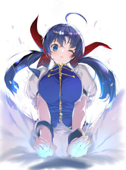 1girl ahoge assertive_female blue_eyes blue_hair breasts chinese_clothes cowgirl_position energy fatal_fury female_focus futaba_hotaru garou:_mark_of_the_wolves girl_on_top hair_ribbon highres large_breasts low_twintails matching_hair/eyes one_eye_closed pants pov red_ribbon ribbon snk solo_focus spread_legs squatting squatting_cowgirl_position straddling the_king_of_fighters the_king_of_fighters_xi twintails white_background white_pants yaegashi_nan