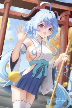 1girl absurdres ahoge alternate_costume artist_name bare_shoulders belt blue_belt blue_bow blue_hair blue_nails blue_skirt blue_sky blurry blurry_background blush bow breasts broom cloud cloudy_sky commentary_request cowboy_shot day detached_sleeves eyeshadow fingernails floating_hair floral_print ganyu_(genshin_impact) genshin_impact ginkgo_leaf goat_horns hair_between_eyes hands_up highres holding holding_broom horns huge_ahoge hyakuya_iori japanese_clothes large_breasts leaf long_hair long_sleeves looking_at_viewer low_ponytail makeup miko nail_polish open_mouth outdoors pleated_skirt ponytail red_eyeshadow shirt sideboob sidelocks skirt sky sleeveless sleeveless_shirt smile solo stairs standing thighhighs torii tree very_long_hair wavy_hair white_shirt white_sleeves white_thighhighs wide_sleeves