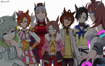 >:) 6+girls :d absurdres agnes_tachyon_(tach-nology)_(umamusume) agnes_tachyon_(umamusume) ahoge air_shakur_(umamusume) animal_ears asymmetrical_clothes bare_shoulders black_hair black_pantyhose black_shirt blue_eyes blue_pants blue_sailor_collar breasts brown_eyes brown_hair brown_hat brown_sweater chokin_tsucho closed_mouth collared_shirt commentary_request crown denim dress ear_covers eyebrow_piercing face_piercing flower fur-trimmed_jacket fur_trim gloves glowing glowing_eyes gold_ship_(red_strife)_(umamusume) gold_ship_(umamusume) green_sailor_collar grey_hair hair_between_eyes hair_flower hair_ornament hat highres horse_ears jacket jeans lab_coat large_breasts leotard long_hair medium_breasts mihono_bourbon_(mb-19890425)_(umamusume) mihono_bourbon_(umamusume) mini_crown mini_hat multiple_girls narita_taishin_(nevertheless)_(umamusume) narita_taishin_(umamusume) navel open_clothes open_mouth pants pantyhose parted_bangs piercing pink_jacket pleated_skirt purple_eyes red_dress red_eyes sailor_collar seiun_sky_(reeling_in_the_big_one)_(umamusume) seiun_sky_(umamusume) shirt simple_background single_pantsleg skirt sleeveless sleeveless_shirt smile sweater t.m._opera_o_(o_sole_suo!)_(umamusume) t.m._opera_o_(umamusume) tilted_headwear twitter_username umamusume v-shaped_eyebrows very_long_hair white_background white_gloves white_leotard white_pantyhose white_shirt yellow_flower yellow_shirt