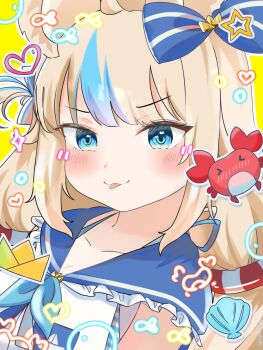Rule 34 | 1girl, animal ears, blonde hair, blue eyes, blue hair, blush, bow, cat ears, hair bow, highres, iamurnae, indie virtual youtuber, kaniki (sameko saba), lifebuoy hair ornament, long hair, low twintails, multicolored hair, portrait, sameko saba, smile, tongue, tongue out, twintails, twitter username, two-tone hair, virtual youtuber, yellow background