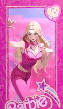 Rule 34 | 1girl, artnikita, barbie (character), barbie (franchise), barbie (live action), blonde hair, blue eyes, border, closed mouth, commentary, copyright name, earrings, highres, jewelry, long hair, neckerchief, pants, pink border, pink lips, pink neckerchief, pink pants, pink vest, smile, solo, sparkle, vest