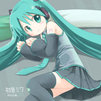 00s 1girl 39 2007 aqua_eyes aqua_hair bare_shoulders black_thighhighs character_name child dated detached_sleeves emurin female_focus hatsune_miku long_hair looking_at_viewer necktie skirt solo spring_onion thighhighs twintails very_long_hair vocaloid