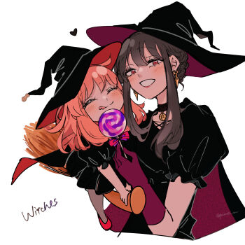 2girls :q absurdres adoptive_parent_and_adoptive_child anya_(spy_x_family) black_cape black_choker black_dress black_hair black_hat blush braid broom broom_riding candy cape child choker closed_eyes closed_mouth commentary_request cropped_torso dress earrings elbow_gloves food gloves gold_earrings grey_pantyhose grin halloween hat heart highres holding holding_candy holding_food holding_lollipop jewelry licking_lips lollipop looking_at_viewer medium_hair mother_and_daughter multiple_girls pantyhose peanuts_omr pendant_choker pink_hair puffy_short_sleeves puffy_sleeves red_eyes red_gloves short_hair_with_long_locks short_sleeves sidelocks simple_background smile spy_x_family swirl_lollipop tongue tongue_out twitter_username white_background witch witch_hat yor_briar