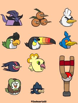 angry_birds animal_focus bird boots bright_pupils brown_boots closed_eyes closed_mouth commentary cramorant dartrix dodrio galarian_articuno galarian_form gen_1_pokemon gen_2_pokemon gen_3_pokemon gen_7_pokemon gen_8_pokemon highres joshuarts03 legendary_pokemon murkrow nintendo no_humans oricorio oricorio_(pom-pom) parody poke_ball poke_ball_(basic) pokemon pokemon_(creature) pokemon_focus red_eyes simple_background sirfetch'd slingshot_(weapon) squawkabilly squawkabilly_(green) style_parody swellow toucannon twitter_username white_pupils
