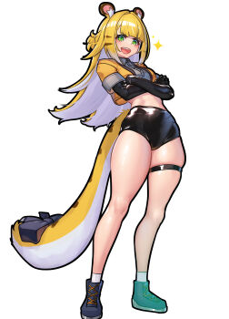 Rule 34 | 1girl, absurdres, adapted costume, animal ears, aqua shoes, asymmetrical footwear, black gloves, black ribbon, black shoes, blonde hair, buruma, colored inner hair, commentary request, crossed arms, elbow gloves, full body, gloves, green eyes, highres, ju fufu, long hair, looking at viewer, mismatched footwear, multicolored hair, nicchi, open mouth, ribbon, shoes, simple background, solo, standing, tail, tail ornament, tail ribbon, thigh strap, tiger ears, tiger girl, tiger tail, two-tone hair, white background, white buruma, white hair, zenless zone zero