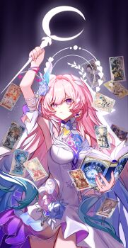 1girl absurdres aglaea_(honkai:_star_rail) anaxa_(honkai:_star_rail) arm_up armpits as_i've_written_(honkai:_star_rail) book breasts card castorice_(honkai:_star_rail) ceremonial_blade_(honkai:_star_rail) cerydra_(honkai:_star_rail) cipher_(honkai:_star_rail) cyrene_(demiurge)_(honkai:_star_rail) cyrene_(honkai:_star_rail) dan_heng_(honkai:_star_rail) dan_heng_(permansor_terrae)_(honkai:_star_rail) diamond-shaped_pupils diamond_(shape) dress evernight_(honkai:_star_rail) highres holding holding_book holding_staff honkai:_star_rail honkai_(series) hyacine_(honkai:_star_rail) hysilens_(honkai:_star_rail) large_breasts long_hair march_7th_(honkai:_star_rail) mydei_(honkai:_star_rail) open_book phainon_(honkai:_star_rail) pink_hair purple_eyes ruosnow solo staff symbol-shaped_pupils tarot tarot_card trianne_(honkai:_star_rail) tribbie_(honkai:_star_rail) trinnon_(honkai:_star_rail) very_long_hair white_dress