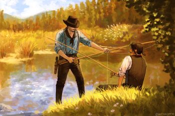 2boys arm_hair arthur_morgan back beard_stubble belt bird black_hair black_hat black_neckerchief black_pants black_vest blue_shirt closed_mouth cloud cloudy_sky collared_shirt commentary cowboy cowboy_hat cowboy_western english_commentary facial_hair fishing fishing_rod flower forest grass gunbelt hat highres holding holding_fishing_rod holster john_marston kunnuscumnus lake looking_at_viewer low_ponytail mature_male multiple_boys mustache nature neckerchief open_mouth pants ponytail red_dead_redemption_(series) red_dead_redemption_2 scenery shirt short_hair short_ponytail sitting sky sleeves_rolled_up standing striped_clothes striped_shirt stubble suspenders tree twitter_username vertical-striped_clothes vertical-striped_shirt vest western white_flower white_shirt yellow_theme